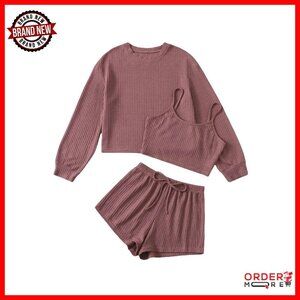 Ribbed Knit 3-Piece Lounge Set Long Sleeve Tee Cami Shorts Pajamas